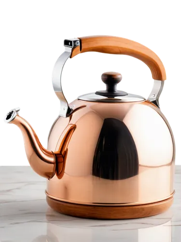 Whistling kettle, shiny metal body, rounded shape, short spout, wooden handle, copper bottom, steam rising, morning light, warm atmosphere, close-up shot, shallow depth of field, high-key lighting, 3/