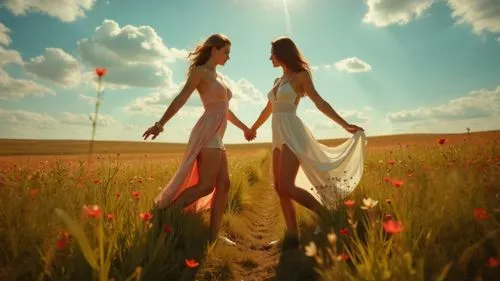 In a surreal landscape, two stunning young women in vibrant very tight tiny summer-dresses fit bodies gracefully swoop down to the ground and bask in the warmth of summer sun. These powerful bodies ar