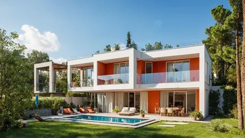 a house has an orange and white color scheme,fresnaye,immobilier,holiday villa,modern house,inmobiliarios,vivienda,dunes house,luxury property,mid century house,dreamhouse,modern architecture,inmobili