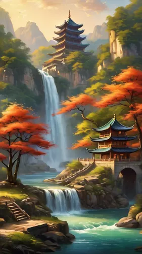 japan landscape,fantasy landscape,landscape background,japanese background,world digital painting,oriental painting,cartoon video game background,japanese sakura background,autumn landscape,mountain landscape,autumn background,river landscape,oriental,kyoto,tsukemono,japanese garden,chinese background,japanese art,mountainous landscape,fall landscape,Photography,General,Cinematic