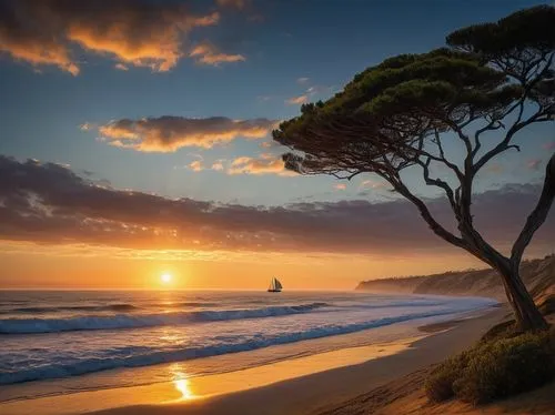 Panoramic views, Southern California, sunny day, clear blue sky, Torrey Pines State Natural Reserve, La Jolla Cove, rugged coastline, dramatic cliffs, vast ocean, sailboats, surfers, beachgoers, palm 