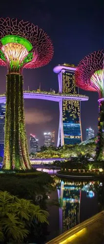 garden by the bay,gardens by the bay,singapore,dubai garden glow,singapore landmark,singapura,macau,night view of red rose,marina bay sands,guangzhou,cyberjaya,shangrila,futuristic landscape,hukawng,cyberport,sieh,chengdu,chongqing,zhangzhou,futuristic architecture,Illustration,Vector,Vector 17