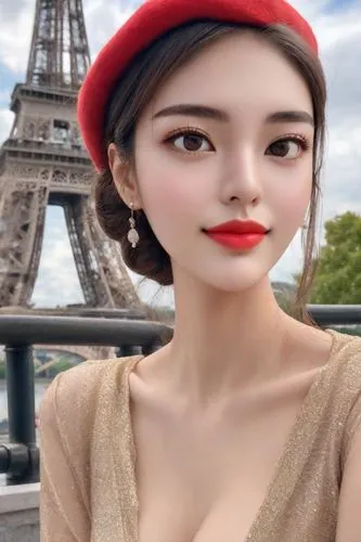 (Masterpiece, best quality, photorealistic, high resolution, 8K raw photo), A 25-year-old beautiful girl of mixed Chinese and French descent casually leaning on the Eiffel Tower railing, wearing elega