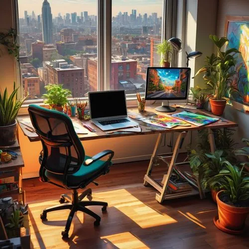 "Digital artist, creative workspace, desk with drawing tablet, ergonomic chair, large monitor, colorful pens, paintbrushes, sketchbook, coffee cup, inspirational artwork posters, plants, natural light