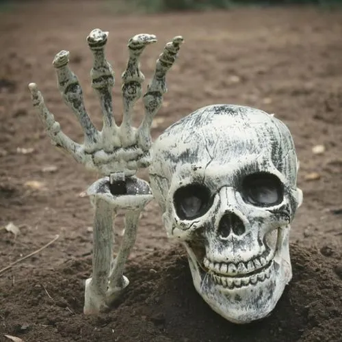 creepy， halloween ground,dirt,a skeleton skull with hands sticking out of its head in the dirt,skeleton hand,grave jewelry,skull sculpture,vintage skeleton,gravediggers,day of the dead skeleton,days o