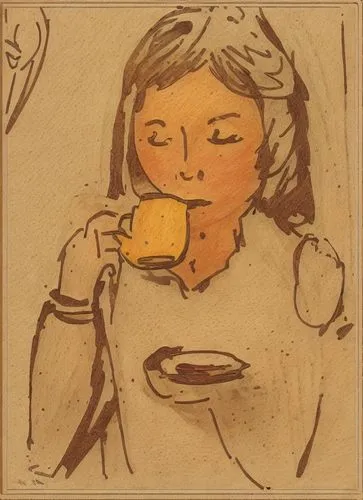 colored pencil of a young woman drinking tea and holding a plate,woman drinking coffee,woman at cafe,coffee tea drawing,coffee tea illustration,girl with bread-and-butter,tea card,girl with cereal bow