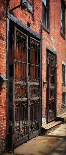 Historic Boston MA, architectural salvage yard, rusty old gates, worn brick walls, vintage lanterns, distressed wooden doors, ornate metal railings, reclaimed lumber, industrial-style windows, urban d