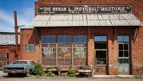 Abandoned architectural salvage store, Nashville TN, worn brick exterior, rusty metal roof, old wooden sign, faded lettering, vintage industrial windows, reclaimed wood shelves, eclectic mix of antiqu