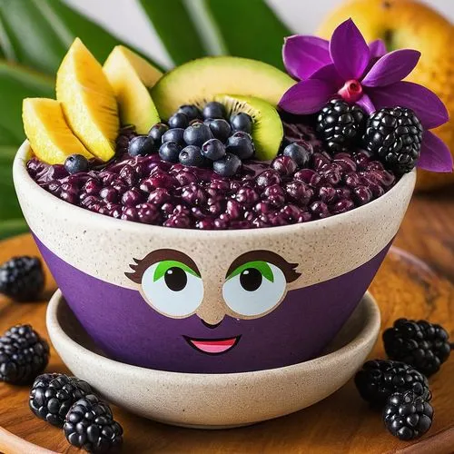 Conheça Açaí, o mascote carismático da sua açaiteria  favorita! Açaí é um simpático fruto de açaí roxo, com olhos grandes e expressivos e um sorriso amigável. Vestindo uma blusa de cor verde com roxo 