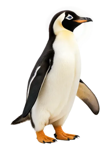 Adorable penguin, standing posture, black and white feathers, orange beak, cute eyes, waddling legs, flippers, Emperor penguin species, studio background, softbox lighting, high-key tone, 1/2 composit