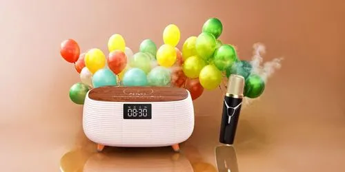 colorful bright smoke rises  sprawling ballon nestled in the middle of ,a radio with a colorful bunch of balloons on top,paint brushes,spray candle,oil diffuser,hairbrushes,tea candles,fondue,retro gi