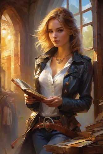 librarian,girl studying,sci fiction illustration,fantasy portrait,author,heroic fantasy,blonde woman reading a newspaper,women's novels,scholar,game illustration,bookworm,fantasy art,reading,fantasy picture,blonde sits and reads the newspaper,romantic portrait,bookstore,mystical portrait of a girl,rosa ' amber cover,writing-book,Conceptual Art,Oil color,Oil Color 03