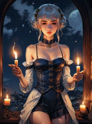 candlemaker,candlelight,candlelights,burning candle,light of night,candle,rem in arabian nights,lady of the night,lantern,constellation lyre,fantasy portrait,queen of the night,celebration of witches,burning candles,candle light,sorceress,moonlit night,moonlit,tealights,halloween illustration,Illustration,Realistic Fantasy,Realistic Fantasy 07