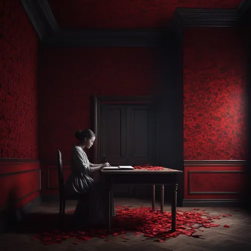 writing desk,conceptual photography,red tablecloth,photo manipulation,digital compositing,the piano,photomanipulation,pianist,red paint,bram stoker,a dark room,red carnation,dark art,doll's house,photoshop manipulation,meticulous painting,concerto for piano,red pen,red petals,on a red background,Photography,Artistic Photography,Artistic Photography 11