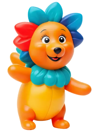 Squeaky dog toy, colorful plastic body, shiny surface, tiny legs, cartoonish eyes, smiling face, squeaker inside, soft lighting, macro shot, shallow depth of field, warm color tone, playful atmosphere