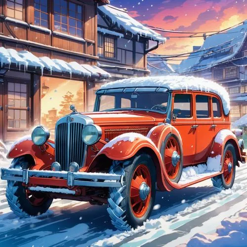 christmas retro car,snow scene,syberia,christmas car,winter background,christmas cars,Illustration,Japanese style,Japanese Style 03