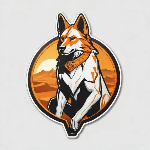 Fantasy emblem logo for wargame token depicting a wild humanoid maned dog of the desert, warrior,((includes the word "Darieles")), orange hued token, illustration, vibrant ((hex token)) on white backg