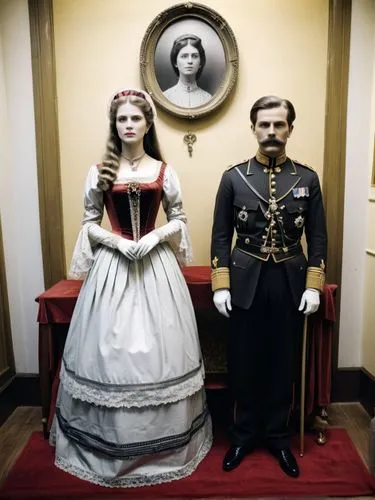 Black and white photo of the pale wax figures of Mary and Charles of Romania in the wax museum in Bucharest,an old fashioned soldier and lady is standing by the wall,wax figures museum,tussaud,romanov