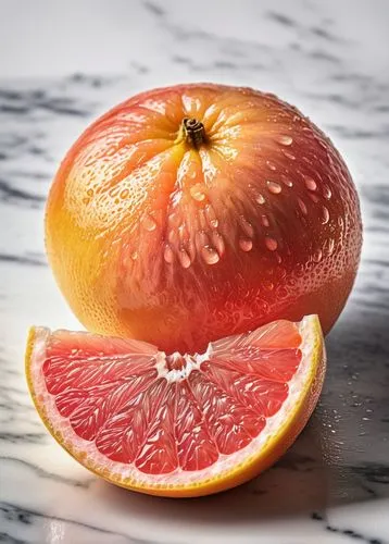 Half-cut grapefruit, juicy pulp, green-yellow skin, vibrant colors, dew drops on the surface, morning sunlight, kitchen counter, marble texture, subtle shadows, shallow depth of field, still life, rea