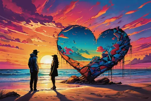 Describe a romantic encounter between Luciano Sanchez and a mysterious stranger on a deserted beach at sunset.,loving couple sunrise,colorful heart,lover's beach,handing love,heart in hand,lost love,s