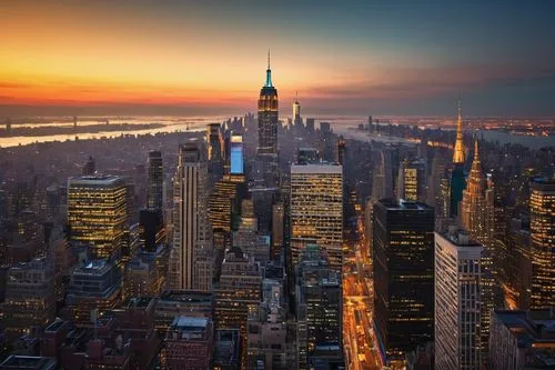 New York cityscape, skyscraper, modern architecture, glass and steel building, urban landscape, metropolitan atmosphere, concrete jungle, night view, bright neon lights, towering high-rise buildings, 