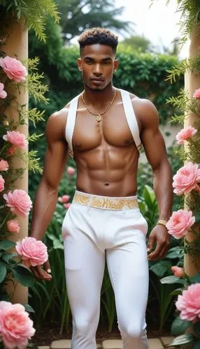 The scene is set in a lush garden, with vibrant flowers and herbs growing in the gentle breeze. A African chad Student top Model muscular adonis men with men perfect body and wearing white latex gloss