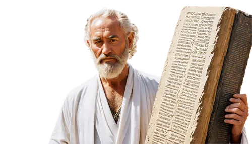 Stone tablets, ancient Hebrew script, golden edges, ornate details, Moses' hands holding, wispy beard, white robes, solemn expression, warm sunlight, shallow depth of field, cinematic composition, hig