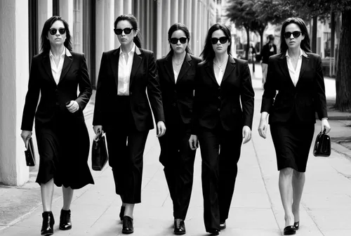 (all women in photo) Black and white, film still, sharp focus, female version of "Reservoir Dogs", black dresses, sunglasses,businesswomen,business women,bussiness woman,business woman,women fashion,b