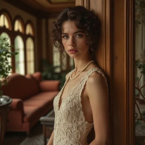 Luxurious apartment interior, Art Nouveau style, elegant lady, 25yo, curly brown hair, green eyes, red lips, intricate lace dress, pearl necklace, standing, leaning on a ornate wooden door, surrounded