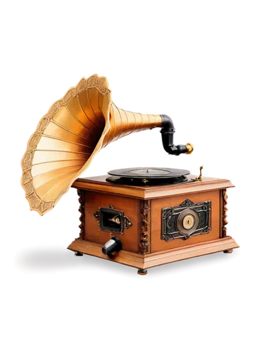 Vintage phonograph, wooden cabinet, golden horn, intricate carvings, old records, vinyl discs, mechanical arm, needle, copper wires, polished wood, ornate details, soft focus, warm lighting, shallow d