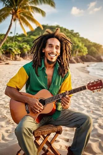 Reggae legend Bob Marley, smiling face, dreadlocks hair, brown skin tone, iconic guitar, colorful Rastafarian clothes, relaxed posture, Jamaican flag patterned shirt, dark brown boots, sitting on a wo