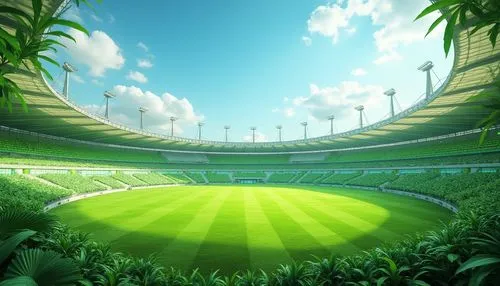 Lime green stadium, vibrant color scheme, modern architecture, sleek lines, curved roofs, open-air seating, fresh atmosphere, lush greenery, tropical plants, palm trees surrounding, bright sunny day, 