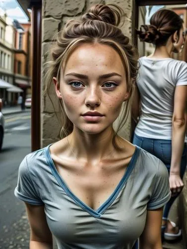 girl in t-shirt,girl walking away,photoshop manipulation,photorealist,the girl's face,girl in a long