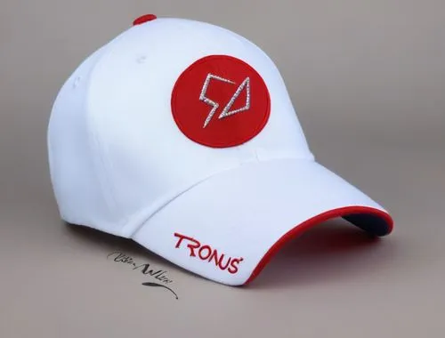 "flexfit" baseball cap, canvas trim, "SD", "TRONUS"logos, all white with red and navy trim color scheme ,Tronus baseball cap 4 ,tronics,tronox,zyvox,troncon,totonacs,visors,Illustration,Realistic Fant