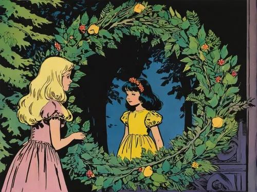 In an enchanted garden, a young girl gazes at her reflection in a wreath.,holly wreath,girl in a wreath,wreath,christmas wreath,wreaths,background ivy,the girl next to the tree,fairy door,mistletoe,do