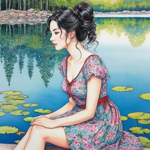 water lotus,girl on the river,jiaying,lotus art drawing,lotus on pond,lotus pond,water lilies,lotus blossom,water nymph,lily pond,water lily,lily pads,waterlily,jasinski,hoshihananomia,waterlilies,water lilly,lilly pond,cheongsam,xiaofei,Illustration,Black and White,Black and White 16