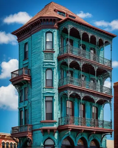 Galveston architecture, Victorian-era buildings, ornate iron balconies, colorful brick facades, grand historic hotels, Strand District, 19th-century style, intricate stonework, gothic spires, stained 