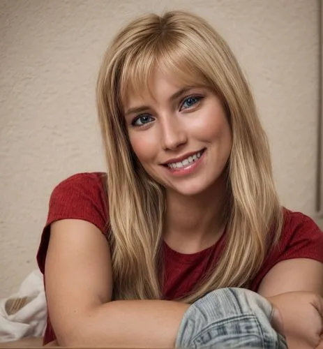 a portrait of a young blonde woman 27 years old, brown eyes,beautufil face, smiling whit a red t-shirt and jeans sitting in the floor, 4k,blonde girl with christmas gift,blond girl,blonde woman,beauti