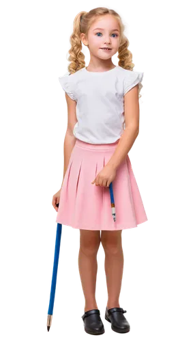 Little girl, preschool age, cute facial expression, curly blonde hair, ponytail, bright blue eyes, rosy cheeks, light freckles, white shirt, pink skirt, black shoes, holding a pencil, standing, innoce