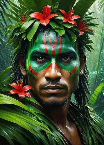 native man with a spear hiding in green thickets, face painted with red symbols, tropical island, waterfall in the jungle, native with a spear hiding in green thickets, jungle, tropical vines on all s