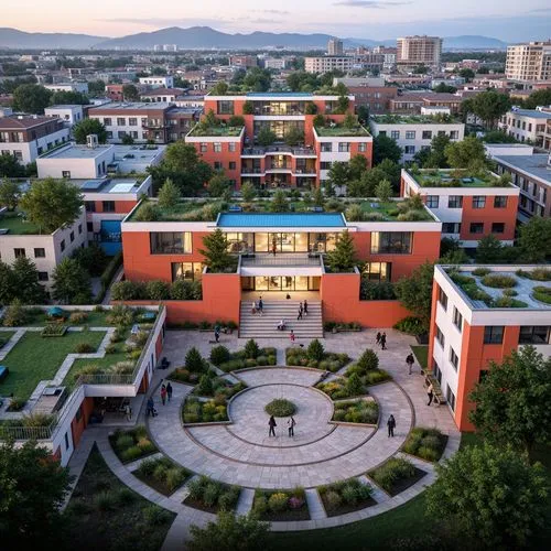 Vibrant urban community, integrated amphitheater design, social housing complex, green rooftops, communal gardens, public art installations, pedestrian-friendly pathways, accessible ramps, modern brut