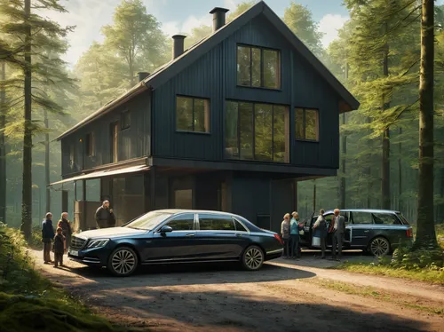 A traditional family outside of their industrial house in the middle of the woods next to an executive car,volvo cars,volvo xc90,lincoln motor company,volvo xc60,mercedes 170s,volvo xc70,shooting brak