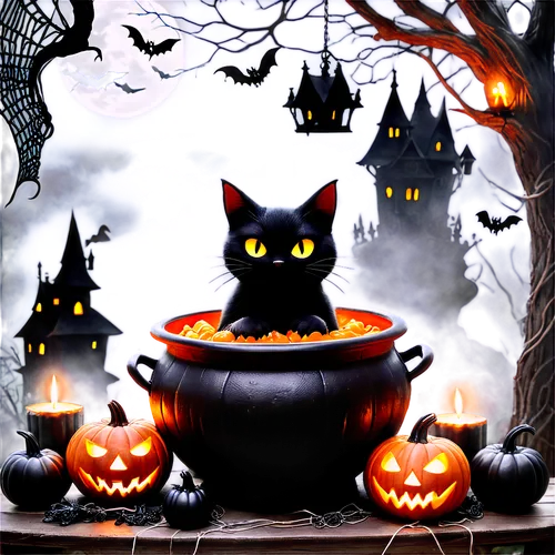 halloween background,halloween black cat,halloween cat,halloween illustration,halloween wallpaper,samhain,candy cauldron,halloween poster,halloween scene,halloween frame,halloween border,cauldrons,retro halloween,cauldron,salem,halloween owls,halloween banner,hallloween,halloween night,helloween,Illustration,Realistic Fantasy,Realistic Fantasy 46