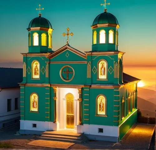 iglesia decorado con pintura brillantes de esmeralda, oro, plata, cobre, bronce, iluminación de neón en una atardecer, decoraciones de molturas en la parte pronal ,reysan  iglesia trinidad pampa,baroq