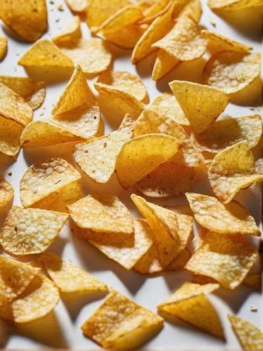 crunchy chips, golden yellow, salty flavor, ridged surface, individual pieces scattered, white background, close-up shot, shallow depth of field, appetizing lighting, warm tone, realistic texture, sna