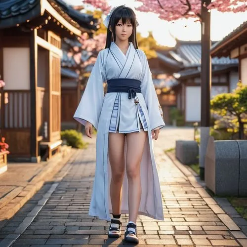 anime character,japanese style,girl,white,a woman dressed in an oriental kimono walks down a walkway,anime japanese clothing,kimono,nodari,hakama,hanbok,gakki,Photography,General,Realistic