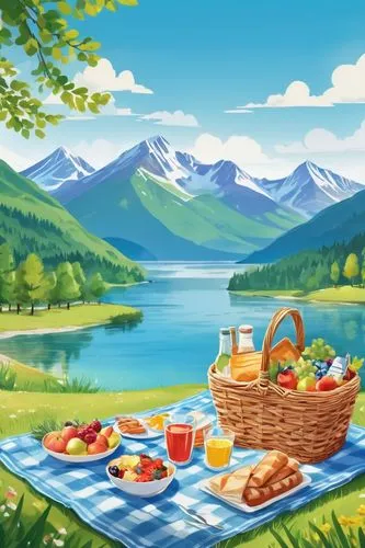 landscape background,picnic basket,picnic,picnicking,nature background,background view nature,Illustration,Japanese style,Japanese Style 19