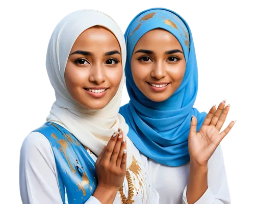 Muslim woman, hijab, brown skin, detailed facial features, soft smile, dark eyebrows, long eyelashes, golden jewelry, white and blue hijab, casual wear, standing, prayer pose, hands clasped together, 