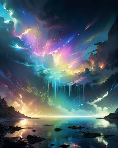 fantasy landscape,auroral,fantasy picture,rainbow and stars,aurora borealis,dreamscape,Conceptual Art,Fantasy,Fantasy 02