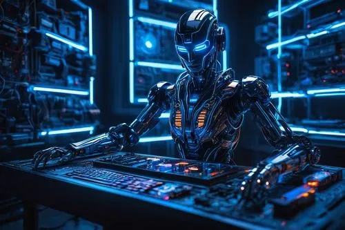 Fantasy digital artwork, futuristic AI generator, sleek metal body, glowing blue circuits, intricate details, LED lights, wires, motherboard, processor, robotic arms, holographic display, futuristic l